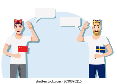 Men with Chinese and Swedish flags. Background for text. Communication between native speakers of China and Sweden. Vector illustration.