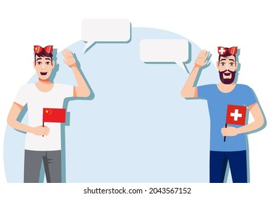 Men with Chinese and Swiss flags. Background for text. Communication between native speakers of China and Switzerland. Vector illustration.