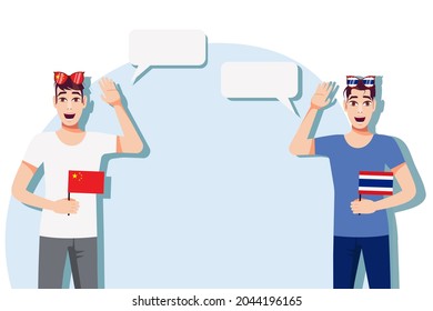 Men with Chinese and Thai flags. Background for text. Communication between native speakers of China and Thailand. Vector illustration.