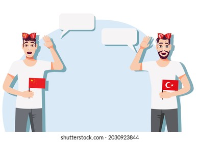 Men with Chinese and Turkish flags. Background for the text. The concept of sports, political, education, travel and business relations between China and Turkey. Vector illustration.