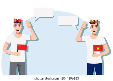 Men with Chinese and Vietnamese flags. Background for text. Communication between native speakers of China and Vietnam. Vector illustration.