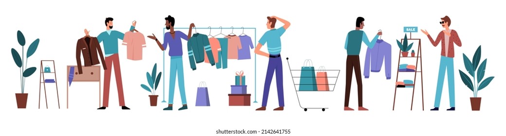 Men choose clothes on hangers during retail sales in fashion store. Funny man changing garment in wardrobe, customers shopping and buying shirts flat vector illustration. Shop, merchandise concept