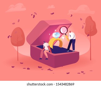 Men Choose Engagement Ring for Woman Concept. Tiny Male Characters Sitting on Huge Box with Diamond Jewelry Groom Looking through Magnifier Glass on Beautiful Gemstone. Flat Vector Illustration