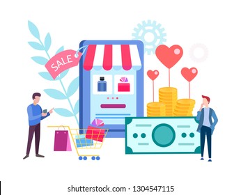 Men choose a gift in the online store online for Valentine's day for lovers. Vector illustration for social media marketing, posters and presentations