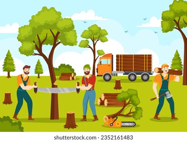 Men Chopping Wood and Cutting Tree with Lumberjack Work Equipment Machinery or chainsaw in Flat Cartoon Background Templates Vector Illustration