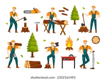 Männer, die Holz und Streichholz mit Lumberjack-Arbeitsmaschinen oder Kettensägen in flachen Cartoon-Hintergrundvorlagen Vektorgrafik schneiden