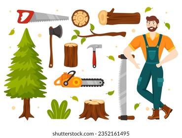 Men Chopping Wood and Cutting Tree with Lumberjack Work Equipment Machinery or chainsaw in Flat Cartoon Background Templates Vector Illustration