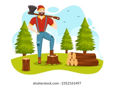 Men Chopping Wood and Cutting Tree with Lumberjack Work Equipment Machinery or chainsaw in Flat Cartoon Background Templates Vector Illustration