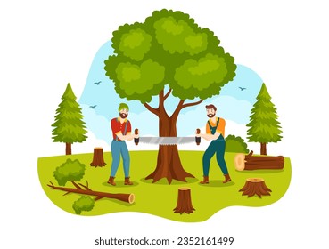 Men Chopping Wood and Cutting Tree with Lumberjack Work Equipment Machinery or chainsaw in Flat Cartoon Background Templates Vector Illustration