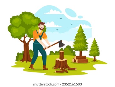 Männer, die Holz und Streichholz mit Lumberjack-Arbeitsmaschinen oder Kettensägen in flachen Cartoon-Hintergrundvorlagen Vektorgrafik schneiden