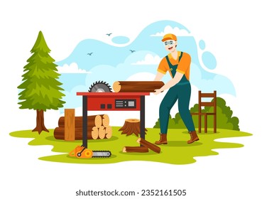 Men Chopping Wood and Cutting Tree with Lumberjack Work Equipment Machinery or chainsaw in Flat Cartoon Background Templates Vector Illustration