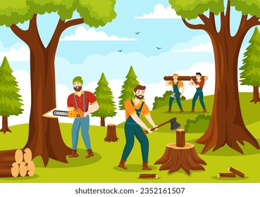 Men Chopping Wood and Cutting Tree with Lumberjack Work Equipment Machinery or chainsaw in Flat Cartoon Background Templates Vector Illustration