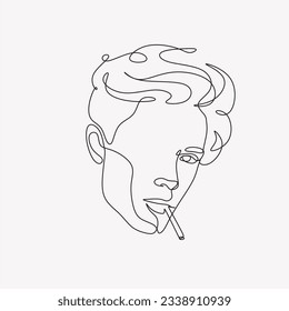 Men with cigarette line art vector. Continuous one line drawing of man portrait. Hairstyle. Fashionable men's style.