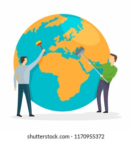 Men clean the planet background. Flat illustration of men clean the planet vector background for web design