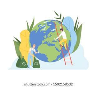 Men Cleaning the Earth Planet From Plastic Waste, Volunteers Taking Care About Planet Ecology, Environment, Nature Protection Flat Vector Illustration