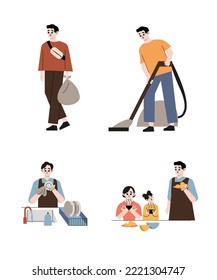 Men cleaning house working on household chores activities wiping dust, throwing garbage, washing dishes, do vacuum cleaning and cooking meal. Housekeeping concept. Flat drawn style vector design