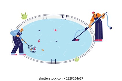 Men cleaning pool with net and pool vacuum cleaner - flat vector illustration isolated on white background. Professional swimming pool maintenance service.