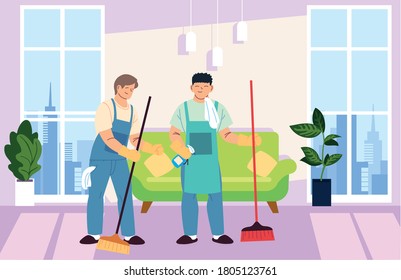 men in cleaning services at home vector illustration desing