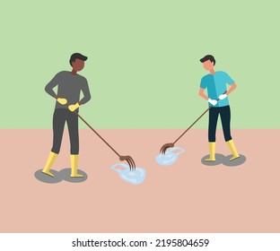 Hombres limpiando la basura y los residuos plásticos 