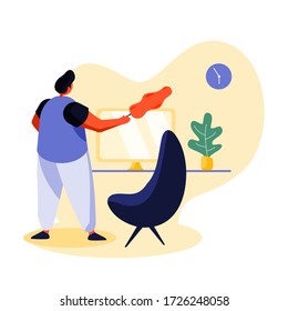 men are cleaning when working at home with a computer , concept illustration , vector flat style 