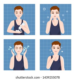 Men cleans the face with cleansing foam