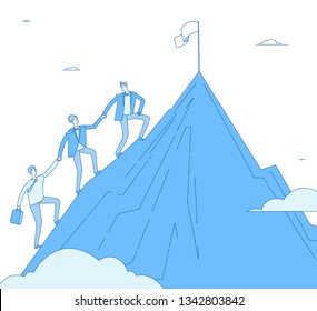 Men climb mountain. Success leader with team go up top successful winner. Business reaching, leadership achievement vector concept