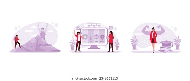 Men climb mountains. Managers announce performance improvements and appear confident. Self-improvement concept. Set Trend Modern vector flat illustration