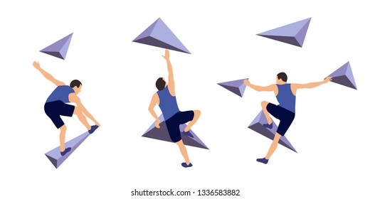 Men climb on a climbing wall in a climbing gym isolated on a white background. Vector illustration.