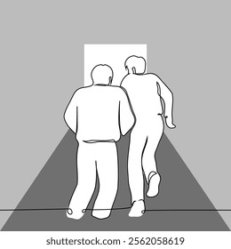 men climb stairs, back view - one line art. concept escape, climb up, career ladder