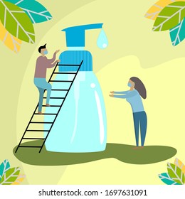 Men climb the stairs to press the alcohol gel bottle for the women below to wash their hands to kill germs or viruses. Cartoon flat design.Vector illustrator.