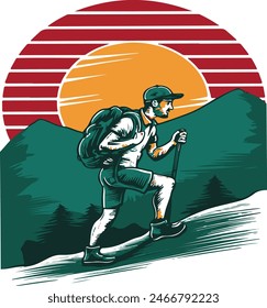 A men climbing in a hill , sunset in his background, vector art, vibrant  color, vintage t-shirt  Design , white background 