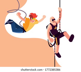 men climbing and jumping mountain vector illustration desing