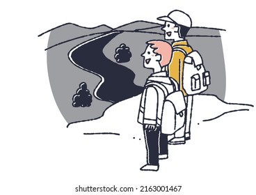 Men climbing a mountain together and looking at the scenery, spending a relaxing holiday outdoors, comically handwritten