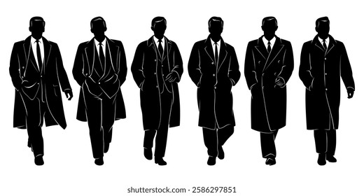 Men in Cloaks and Coats, Silhouettes Set. Vector cliparts isolated on white.