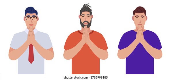 Men In Closed Eyes Praying Hands Together. Men Pray. Character Set. Vector Illustration In Cartoon Style.