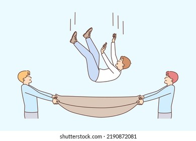 Men with cloth catching man falling down from height. Male friends saving guy. Vector illustration. 