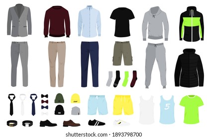 Men clothes colletction. Men's Fashion set, clothes and accessories: jackets, pants, shirts, suits, sweaters, shoes, hats, belt. Vector illustration