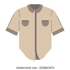 Men clothes for every day, casual fabric shirt with short sleeves, pockets and buttons. Apparel and fashionable wearing. Piece of clothing, fashion and design collection. Vector in flat style