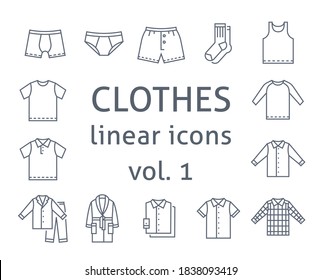 Los hombres visten iconos vectoriales de línea plana. Símbolos lineales simples de prendas básicas masculinas. Principales categorías para tienda online. Esbozar elementos infográficos. Siluetas de color de ropa interior, camisas y ropa de casa