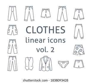 Los hombres visten iconos vectoriales de línea plana. Símbolos lineales simples de prendas básicas masculinas. Principales categorías para tienda online. Esbozar elementos infográficos. Siluetas de pantalones, pantalones cortos, traje de negocios