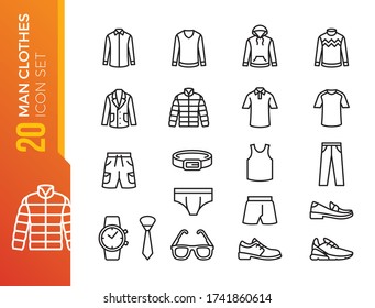 Men Clothes Icon Set. Included The Icons As Shorts, Workwear, Fashion, Jean, Shirt, Pants, Accessories And More.