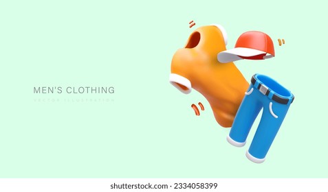 Men clothes. Realistic t shirt, baseball cap, jeans. Poster with floating colored objects. Concept for store of sports, everyday clothes. Place for advertising text, title