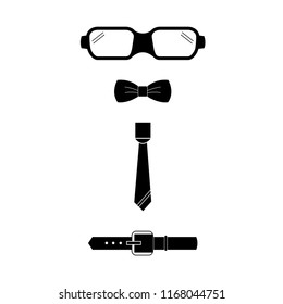 men clothing accessories, eyeglasses, bow, tie belt icon vector on white background