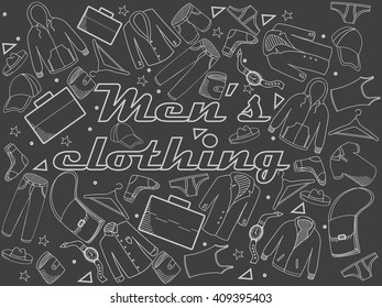 Men clothing chalk line art design vector illustration. Separate objects. Hand drawn doodle design elements.