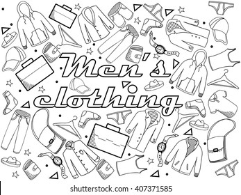 Men clothing coloring book line art design vector illustration. Separate objects. Hand drawn doodle design elements.