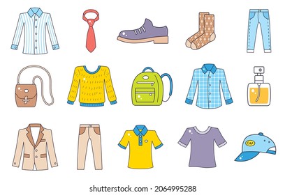 Men clothing and fashion items isolated cartoon vector icons set. Shirt, necktie, shoes, socks, jeans pants, bag, sweater sweatshirt, backpack, perfume bottle, blazer or suit jacket, t-shirt and cap.