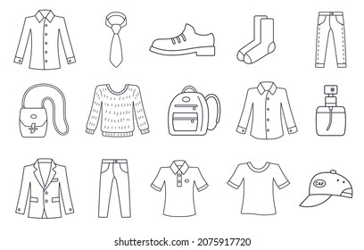 Men clothing and fashion items isolated vector line icons set. Shirt, necktie, shoes, socks, jeans pants, bag, sweater sweatshirt, backpack, perfume bottle, blazer or suit jacket, t shirt and cap.