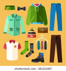 Men Clothing Icons Set With Shopping Elements in a Flat Design