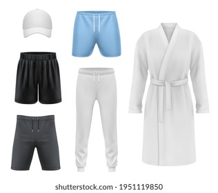 Men clothing realistic vector mockup, sport shorts, fitness cap, joggers and recreation bathrobe. Menswear and casual sportswear, jogging tights and gym or boxing shorts pants with bath gown or cape