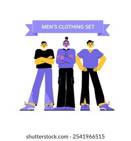 Men Clothing Set With Male Models In Flat Vector Illustration Symbolizing Fashion, Apparel, And Style Trends, Isolated On White Background.